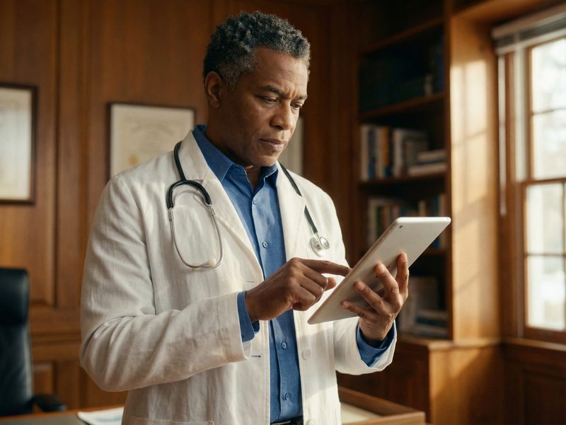 Physician reviewing labs on a tablet